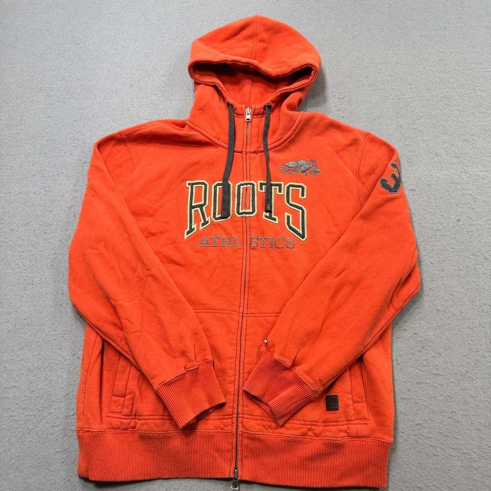 Roots Athletics Hoodie Men's XL Orange Fleece Lined Full Zip Athletic Activewear